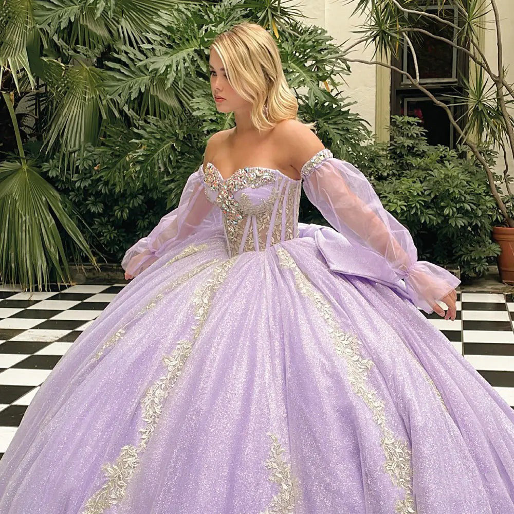 Lilac Tulle Princess Ball Gown Strapless Long Sleeves with Lace Appliques & Beaded Bow for Quinceanera Sweet 16 & Evening Galas