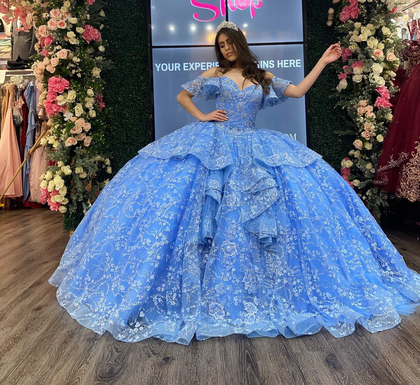 Off-Shoulder Ball Gown Floral Lace Appliques Tiered Ruffles & Beaded Blue Tulle Princess Dress for Quinceanera Sweet 16 & Evening Galas
