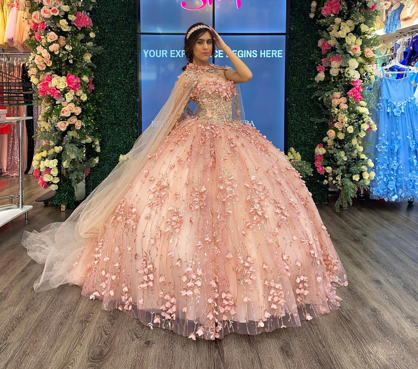 Ball Gown Strapless Cape Dress 3D Floral Appliques & Beaded Details in Rose Pink Tulle for Quinceanera or Sweet 16