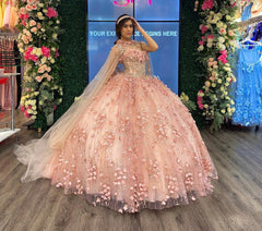 Ball Gown Strapless Cape Dress 3D Floral Appliques & Beaded Details in Rose Pink Tulle for Quinceanera or Sweet 16