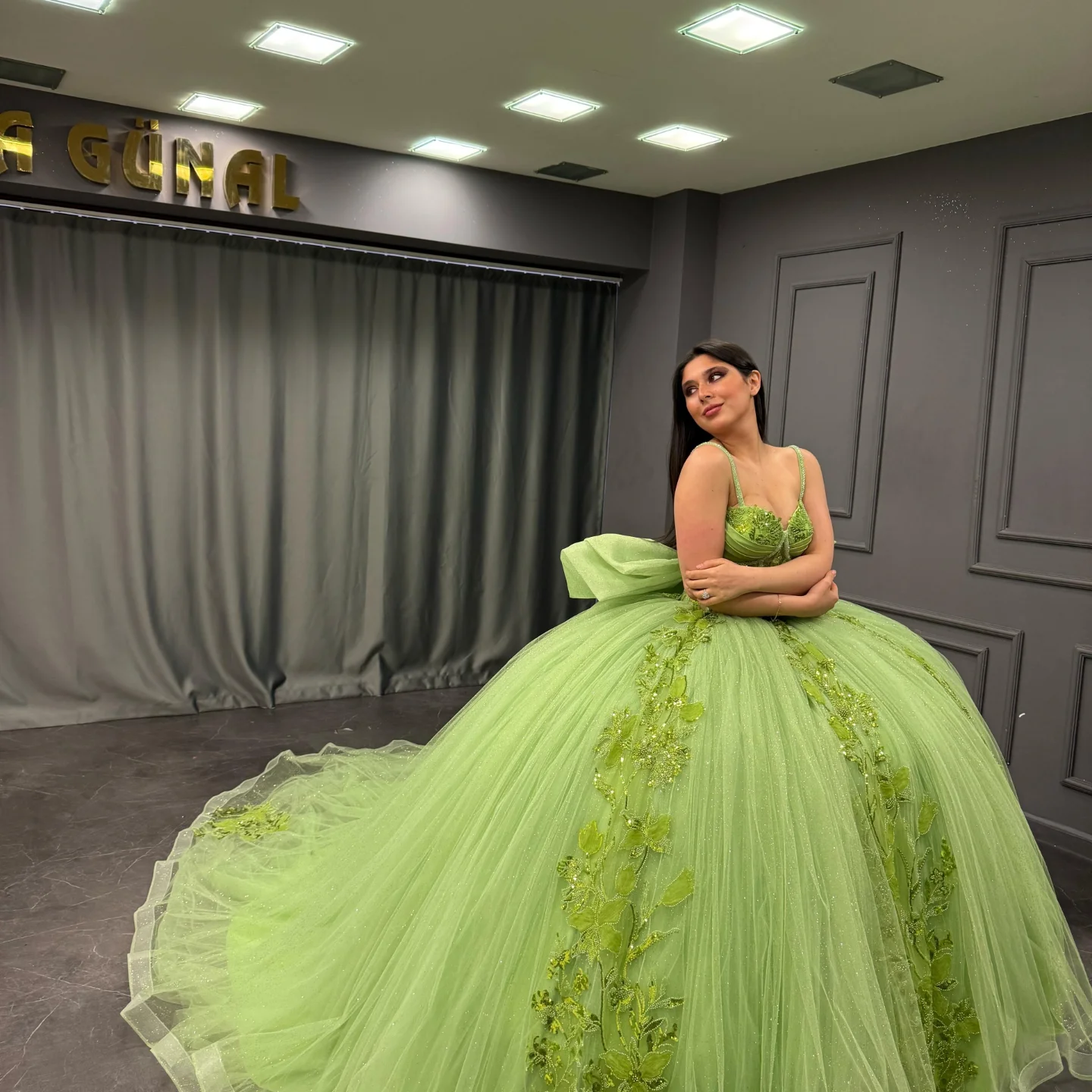 Strapless Green Tulle Quinceanera Dress with Sequins Beaded Appliques & Pleated Bow Perfect for Birthday Parties & Special Occasions