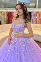 Lilac Tulle Quinceanera Dress Strapless Ball Gown with Floral Appliques & Detachable Shawl for Sweet 16 Birthday & Evening Events