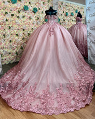 Off-Shoulder Ball Gown Crystal Beaded Pink Tulle Quinceanera Dress with Lace-Up Detail for Sweet 16 & Formal Events