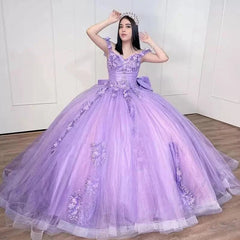 Lilac Off-Shoulder Ball Gown with Beaded 3D Flower Appliques & Bow Knot Perfect for Quinceanera & Sweet 16