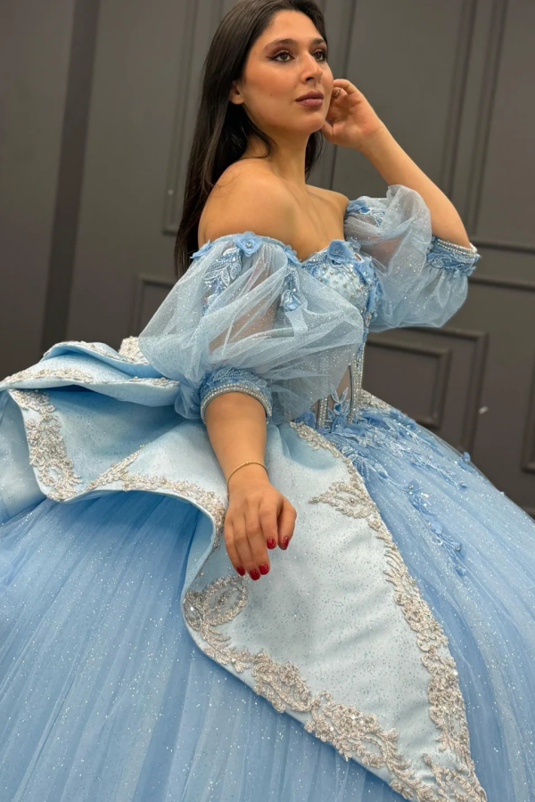 Sky Blue Ball Gown with Sweetheart Neckline Detachable Lantern Sleeves & 3D Floral Appliques Perfect for Quinceanera & Sweet 16 Celebrations
