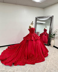 Off-Shoulder Long Sleeve Red Satin Quinceanera Dress with Floral Lace Appliques Perfect for Sweet 16 Celebrations