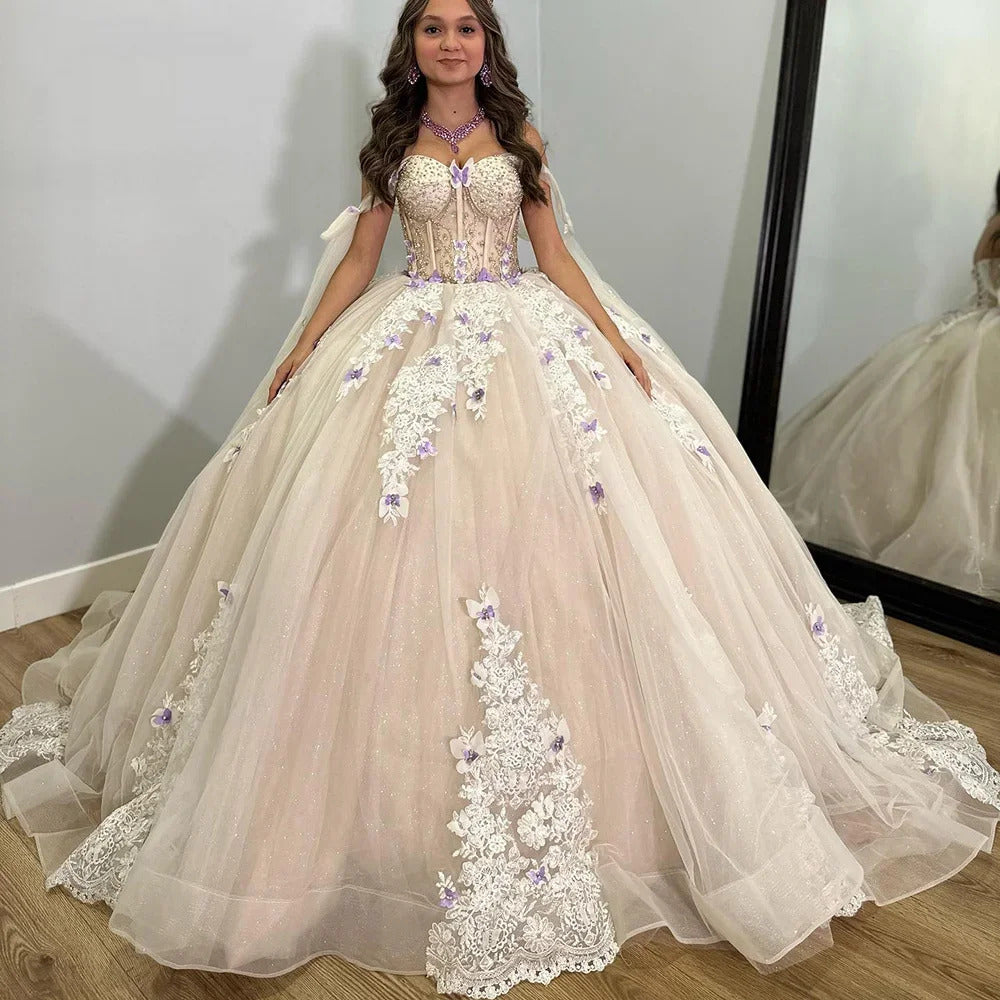 Exquisite Off-Shoulder Lace Ball Gown Sleeveless Tulle Quinceanera Dress with Sweep Train for Sweet 16