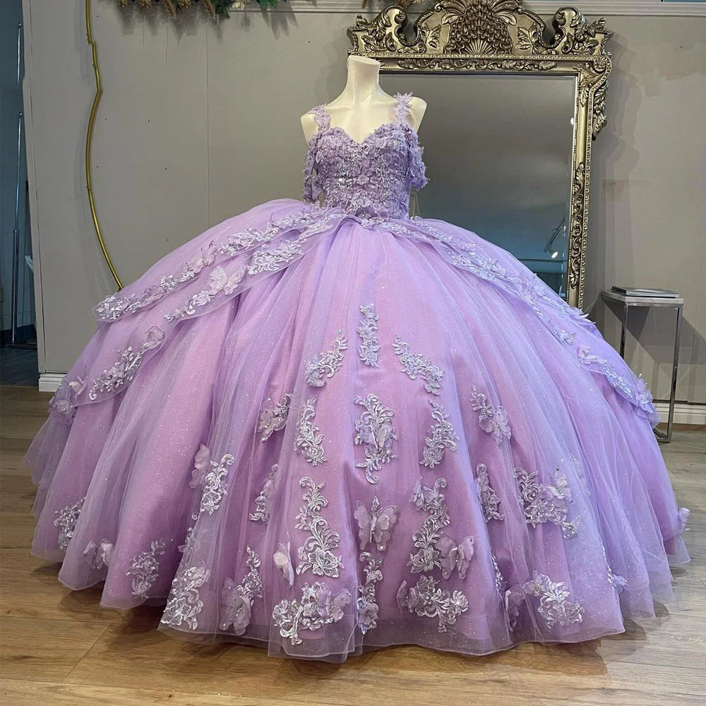 Lilac Off-Shoulder Ball Gown Tiered Tulle Ruffles with Lace Applique & Beaded Details for Quinceanera Sweet 16 or Princess-Themed Parties