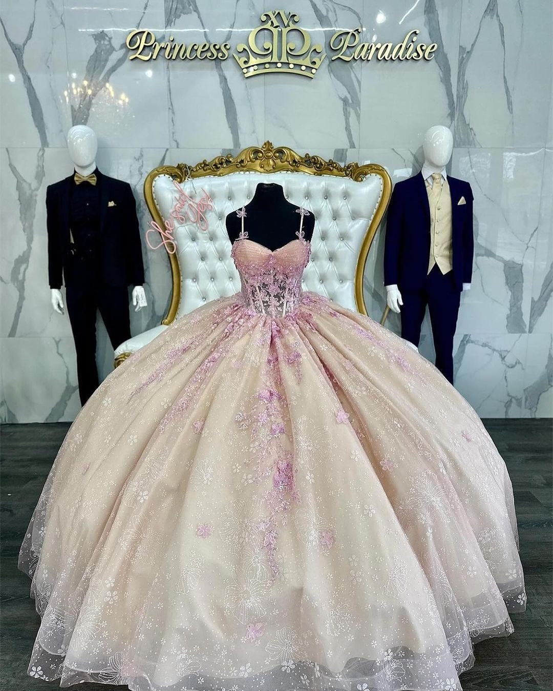 Ball Gown with Sweetheart Neckline Spaghetti Straps & Sequined Lace Appliques Perfect for Quinceanera Sweet 16 and Princess-Themed Parties