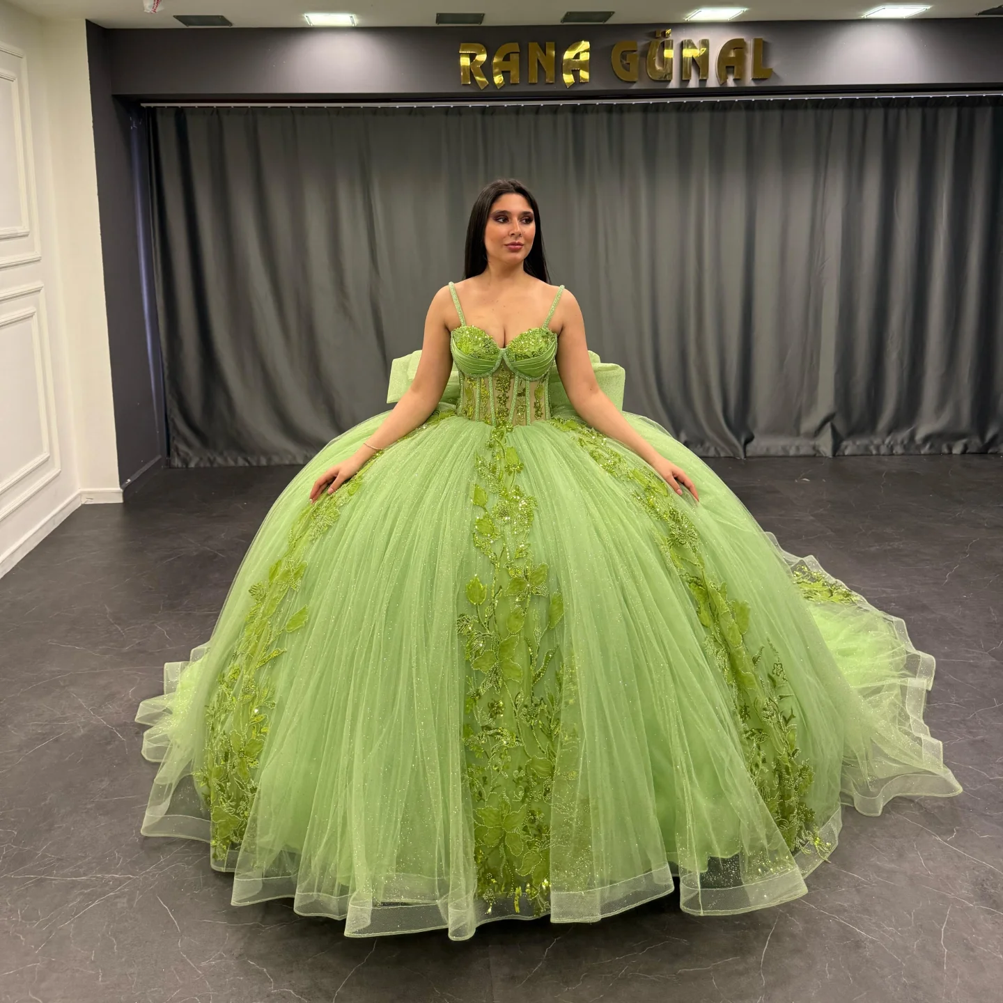 Strapless Green Tulle Quinceanera Dress with Sequins Beaded Appliques & Pleated Bow Perfect for Birthday Parties & Special Occasions