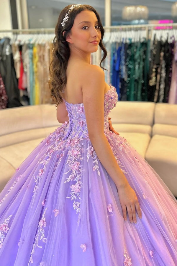 Lilac Tulle Quinceanera Dress Strapless Ball Gown with Floral Appliques & Detachable Shawl for Sweet 16 Birthday & Evening Events