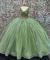 Sage Green Beaded Ball Gown Sweetheart Neckline Sparkling Tulle Quinceanera Dress for Sweet 16 & Formal Evenings