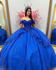 Royal Blue Off-Shoulder Ball Gown Tiered Glitter Tulle Lace Appliques & Beaded Details for Quinceanera Sweet 16 & Evening Galas