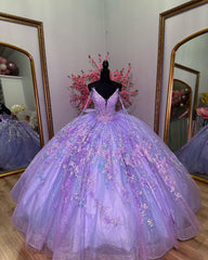 Lavender Tulle Quinceanera Dress V-Neck Lace Applique & Beaded Bow Ball Gown for Sweet 16 Birthday & Evening Parties