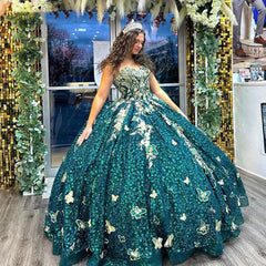 Exquisite Hunter Green Quinceanera Dress 3D Gold Butterfly Lace Sequined Beading & Tulle Ball Gown for Sweet 16