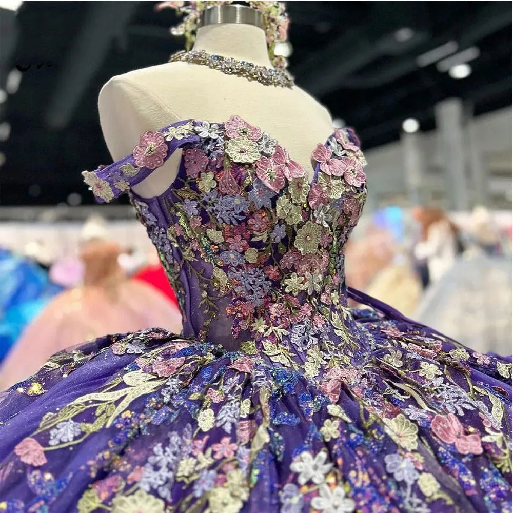 Off-Shoulder Ball Gown with 3D Floral Lace Appliques & Beaded Purple Tulle Perfect for Quinceanera Sweet 16 or Birthday Princess