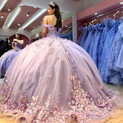 Lavender Tulle Quinceanera Dress Off-Shoulder Ball Gown with Beaded Lace & Butterfly Appliques for Sweet 16 & Princess Evening Gowns