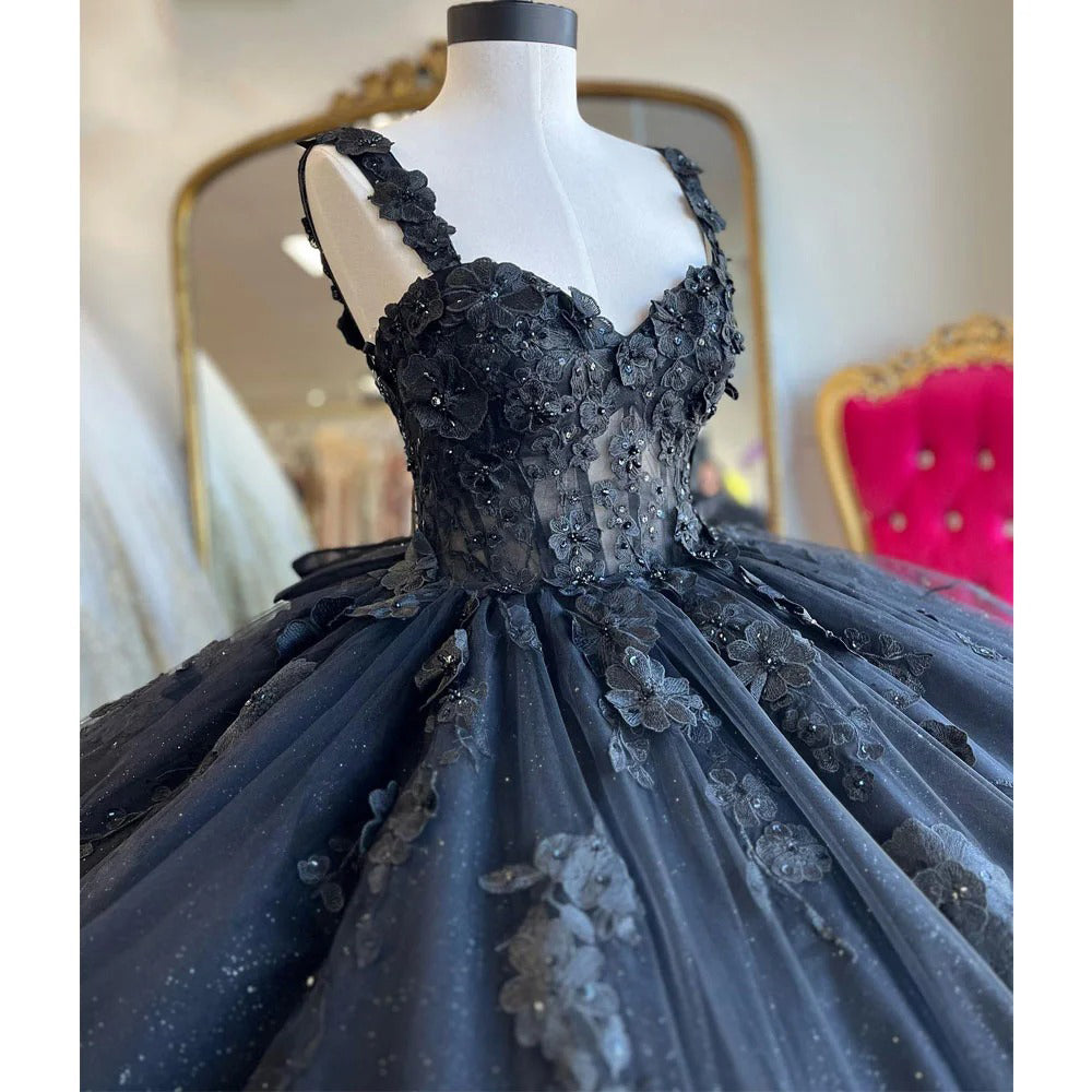 Exquisite Navy Blue Ball Gown Sweetheart Neckline with 3D Floral Appliques & Beaded Details for Quinceanera Sweet 16 or Princess-Themed Celebrations