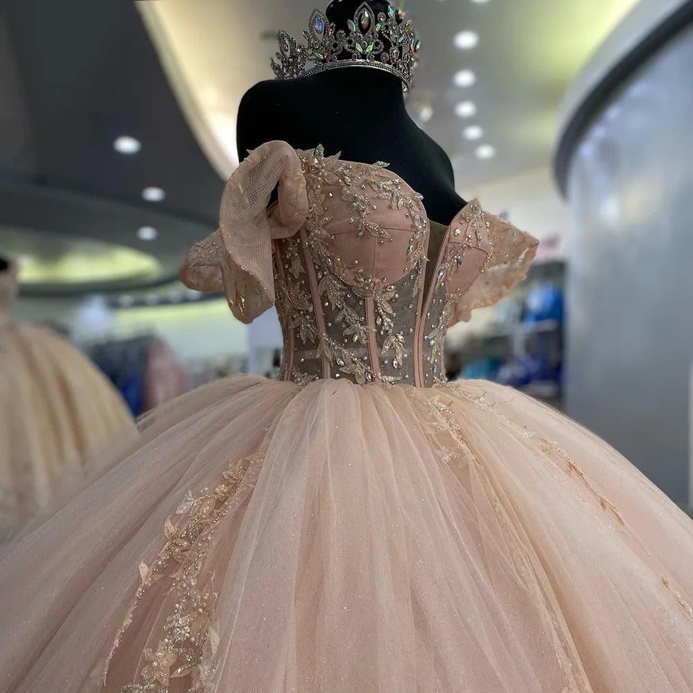 Blush Pink Quinceanera Dress Off-Shoulder Lace Applique Ball Gown with Beaded Details & Sweep Train