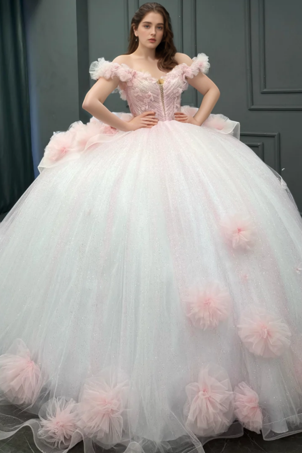 Baby Pink Tulle Quinceanera Dress Off-Shoulder Beaded Ball Gown with Glitter Pleats for Sweet 16 & Formal Events