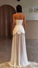 White Strapless Sleeveless Long Formal Dress With Pleated Beading
