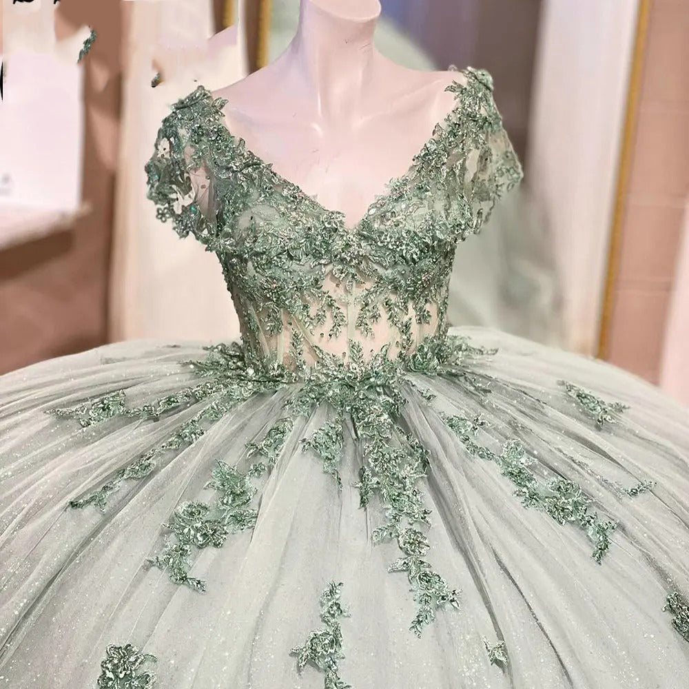Mint Green Ball Gown V-Neck Lace Applique Beaded Bow Quinceanera & Sweet 16 Party Dress