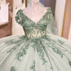 Mint Green Ball Gown V-Neck Lace Applique Beaded Bow Quinceanera & Sweet 16 Party Dress