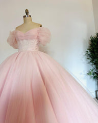 Off-Shoulder Ball Gown with Puff Sleeves Pink Tulle Quinceanera & Sweet 16 Princess Dress