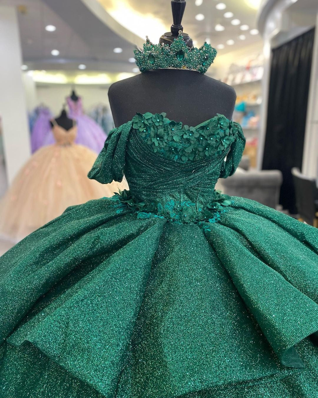 Exquisite Dark Green Ball Gown Off-Shoulder 3D Floral Tulle Dress for Quinceanera Sweet 16 & Birthday Galas