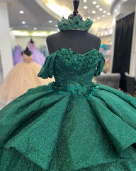 Exquisite Dark Green Ball Gown Off-Shoulder 3D Floral Tulle Dress for Quinceanera Sweet 16 & Birthday Galas