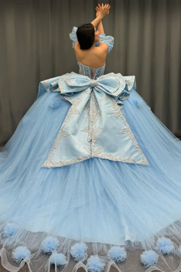 Sky Blue Ball Gown with Sweetheart Neckline Detachable Lantern Sleeves & 3D Floral Appliques Perfect for Quinceanera & Sweet 16 Celebrations