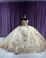Champagne Tulle Quinceanera Dress Sweetheart Ball Gown with Lace Appliques & Beaded Ruffles