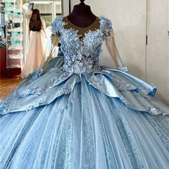 Royal Blue Ball Gown 3D Floral Lace Applique Beaded Tiered Tulle Quinceanera Dress for Sweet 16 & Princess Parties