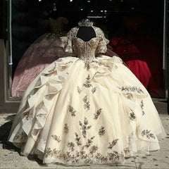Champagne Ball Gown Sweetheart Neckline with Lace Appliques & Tiered Ruffles for Quinceanera Sweet 16 or Graduation