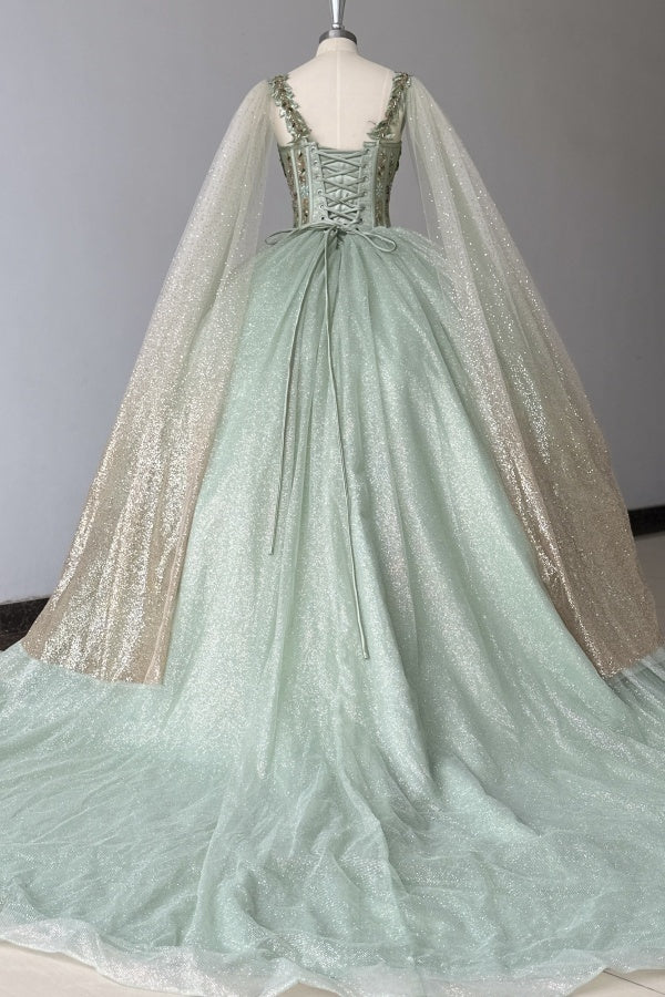 Sage Green Beaded Ball Gown Sweetheart Neckline Sparkling Tulle Quinceanera Dress for Sweet 16 & Formal Evenings