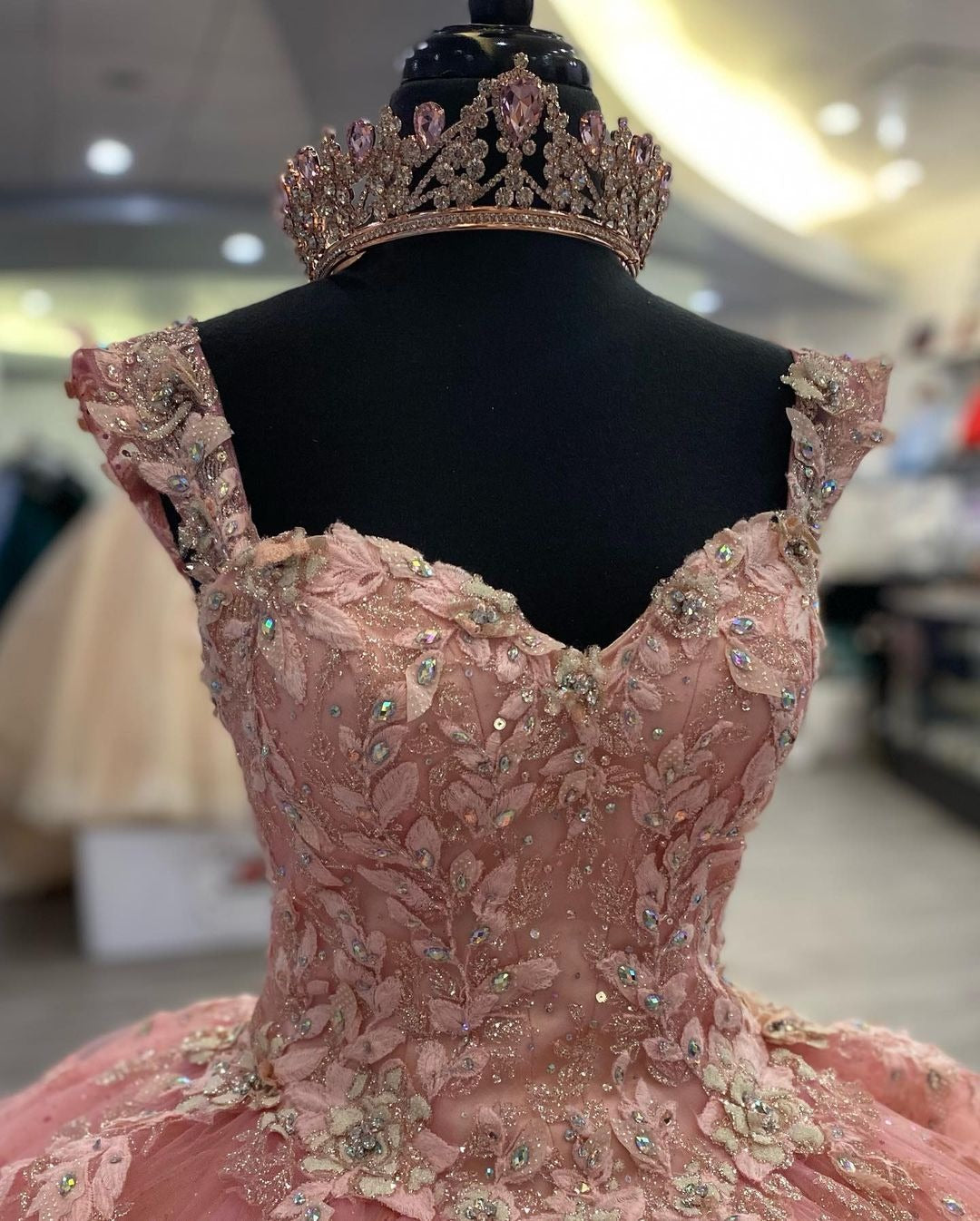 Sweetheart Neckline Ball Gown Sleeveless Lace Applique & Beaded Pink Tulle Princess Dress for Quinceanera Sweet 16 or Birthday Parties