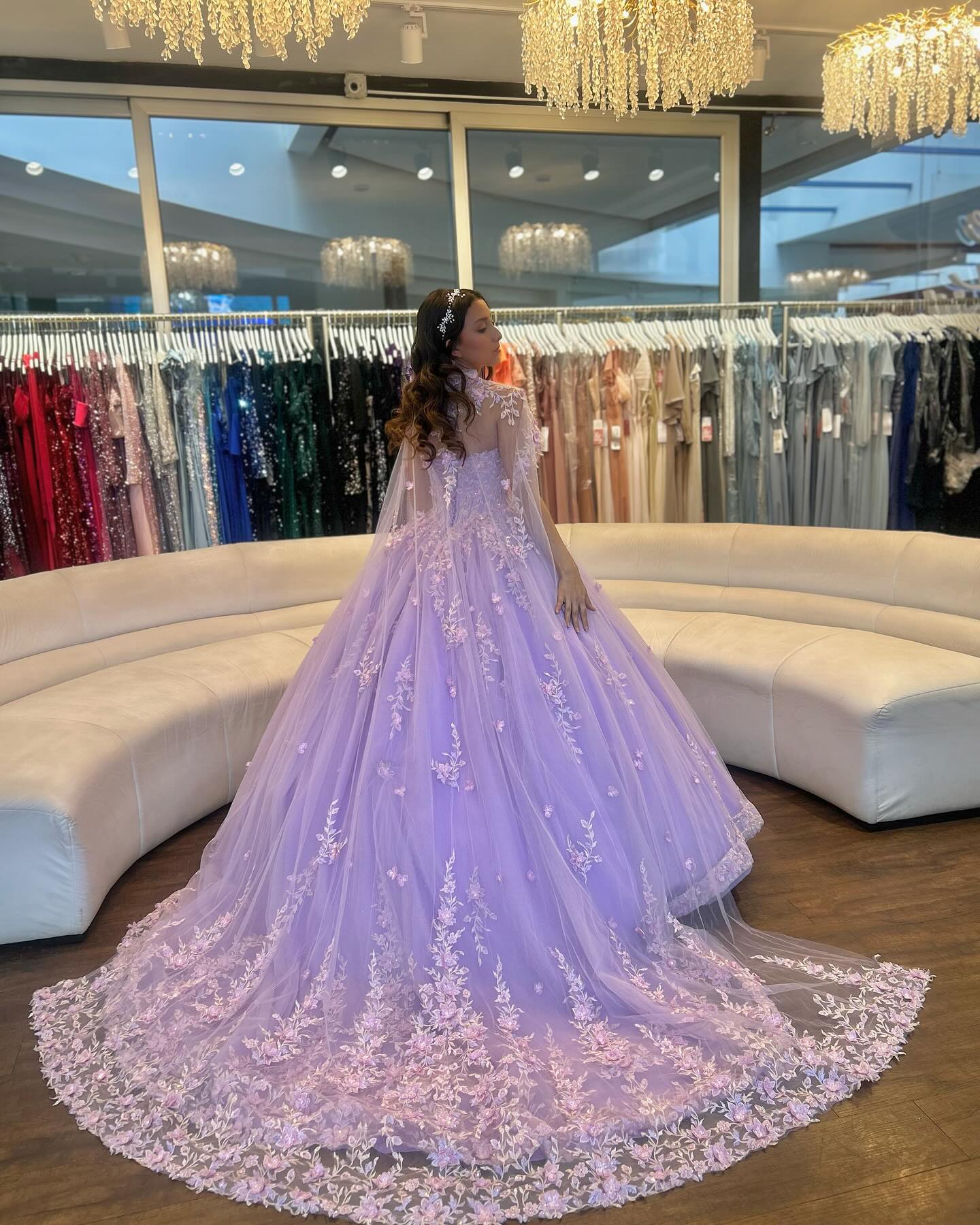 Lilac Tulle Quinceanera Dress Strapless Ball Gown with Floral Appliques & Detachable Shawl for Sweet 16 Birthday & Evening Events