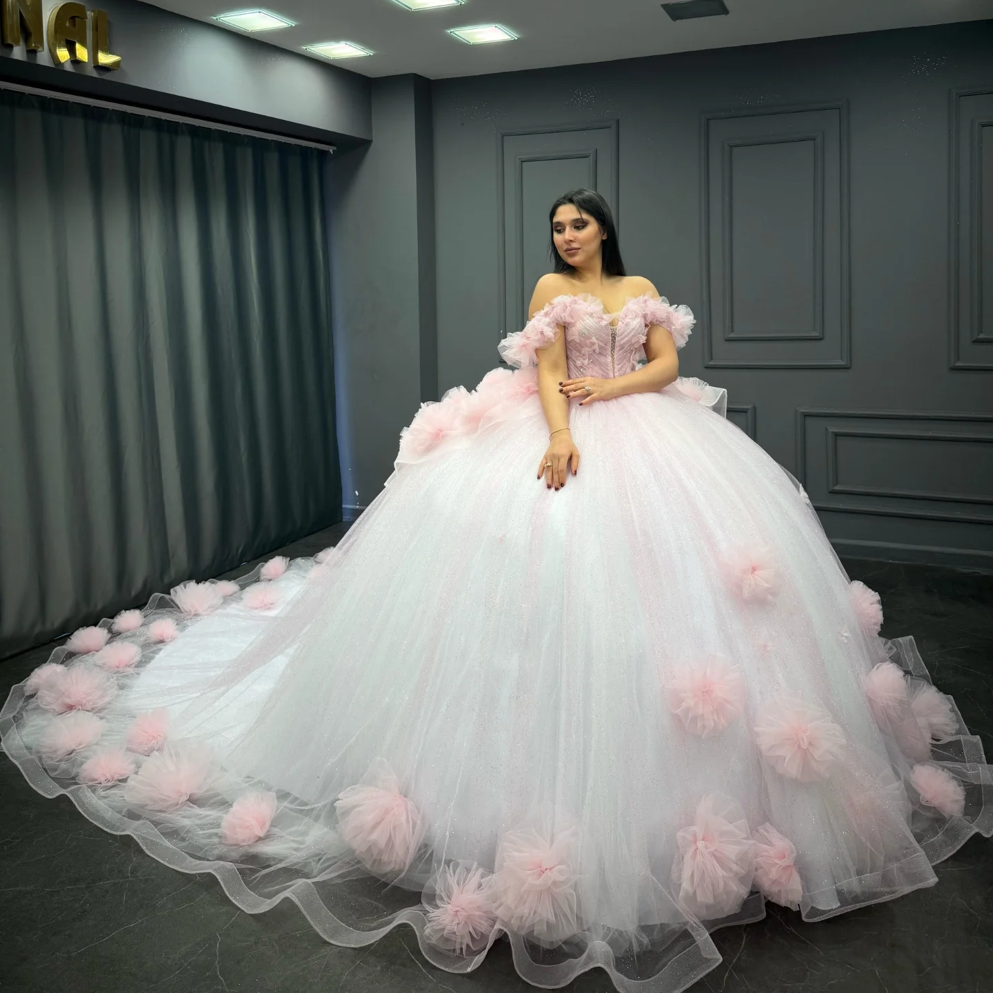 Baby Pink Tulle Quinceanera Dress Off-Shoulder Beaded Ball Gown with Glitter Pleats for Sweet 16 & Formal Events
