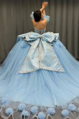 Sky Blue Ball Gown with Sweetheart Neckline Detachable Lantern Sleeves & 3D Floral Appliques Perfect for Quinceanera & Sweet 16 Celebrations