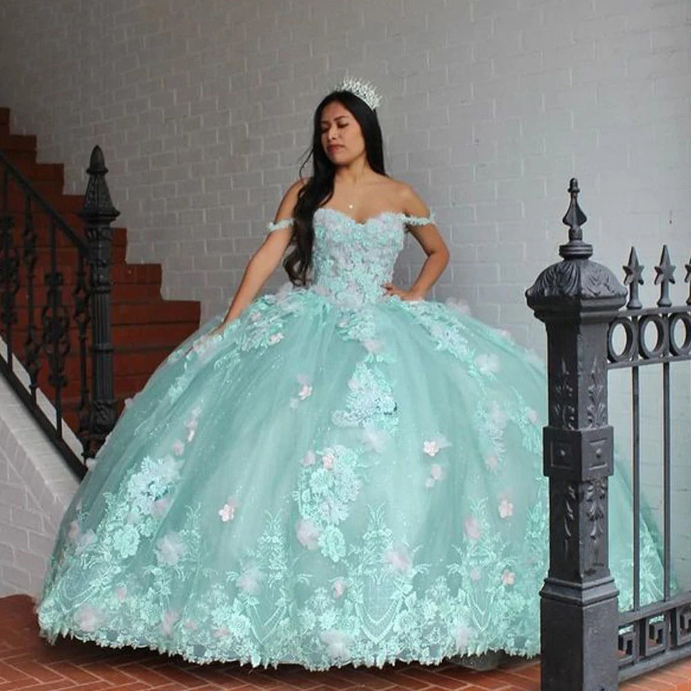 Mint Green Ball Gown Off-Shoulder Lace Applique & Beaded Tiered Tulle Quinceanera Dress for Sweet 16 & Birthday Parties