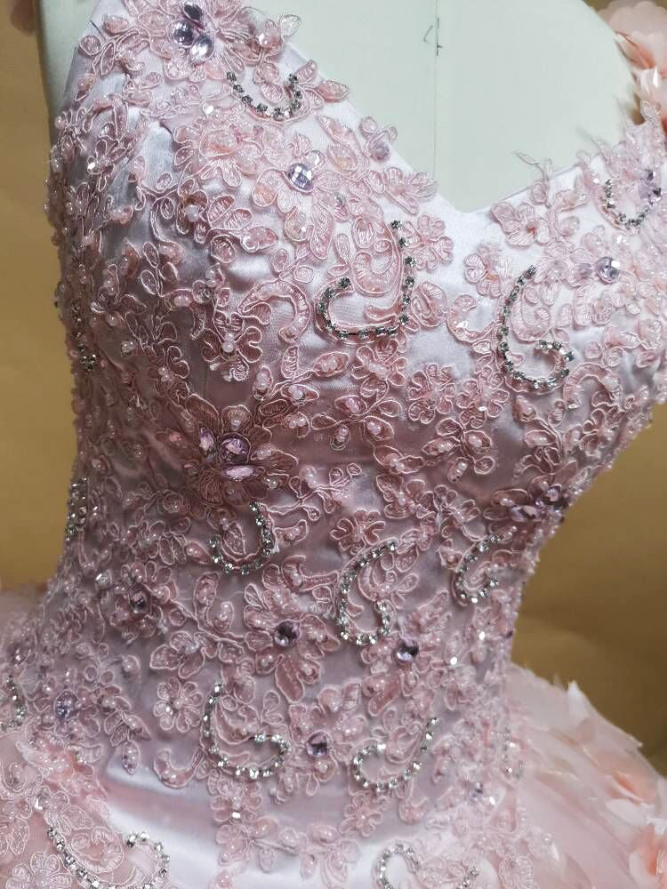 Pink Tulle Princess Gown V-Neck 3D Floral Lace & Beaded Quinceanera Dress for Sweet 16