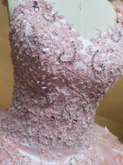 Pink Tulle Princess Gown V-Neck 3D Floral Lace & Beaded Quinceanera Dress for Sweet 16