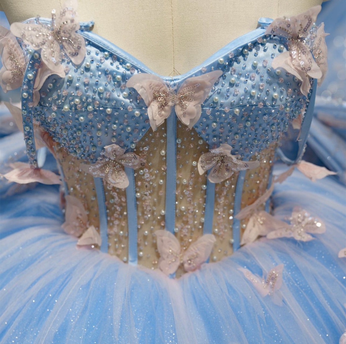 Sky Blue Ball Gown Sweetheart Neckline with 3D Butterfly Lace & Beaded Tulle for Quinceanera Sweet 16 or Princess Birthday Party