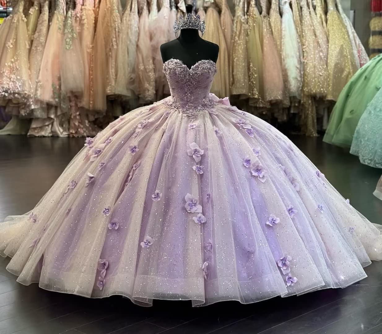Lilac Tulle Quinceanera Dress Strapless Ball Gown with 3D Beaded Flowers Lace Appliques & Sweep Train for Sweet 16