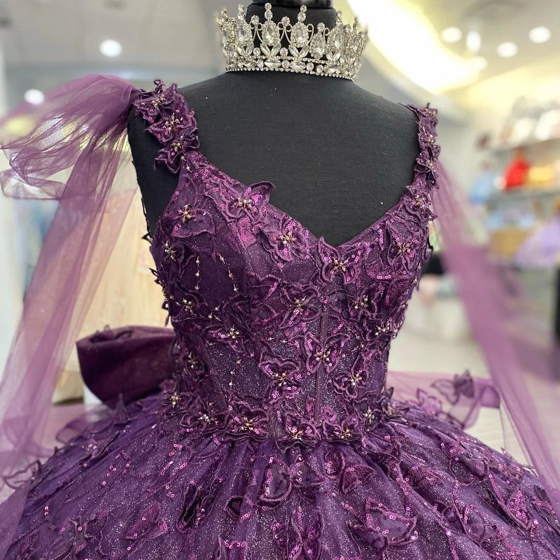 Purple Tulle Quinceanera Dress Strapless Ball Gown with 3D Butterfly Appliques & Bow Knot for Sweet 16 & Princess Parties
