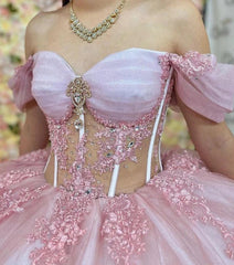 Exquisite Off-Shoulder Ball Gown Long Sleeve Lace Applique Pink Tulle Quinceanera Dress with Sweep Train for Sweet 16