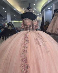 Ball Gown with Sweetheart Neckline Off-Shoulder Sleeveless Lace Applique Tulle Dress in Baby Pink for Prom Quinceanera & Sweet 16