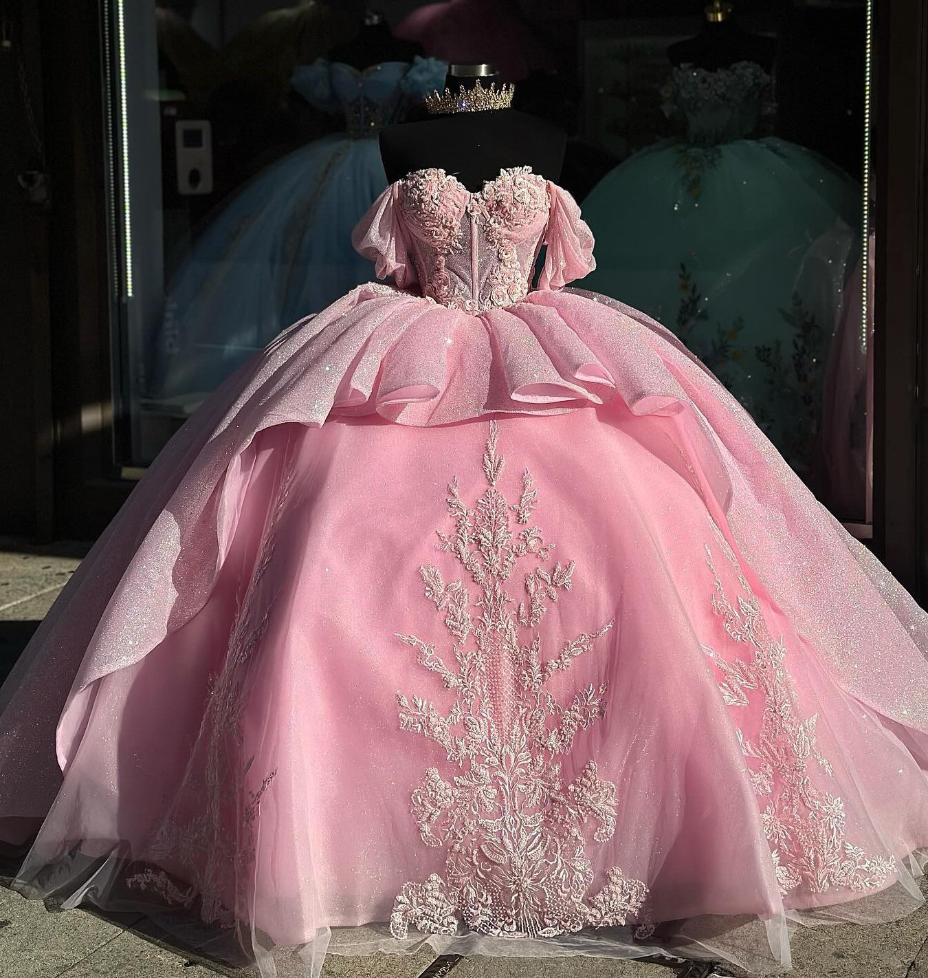 Off-Shoulder Ball Gown Sweetheart Neckline with Lace Appliques & Beaded Tiered Tulle for Quinceanera Sweet 16 and Formal Evenings