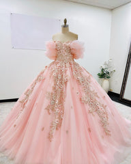 Off-Shoulder Ball Gown with Puff Sleeves Floral Appliques & Beaded Details Pink Tulle Quinceanera Dress for Sweet 16