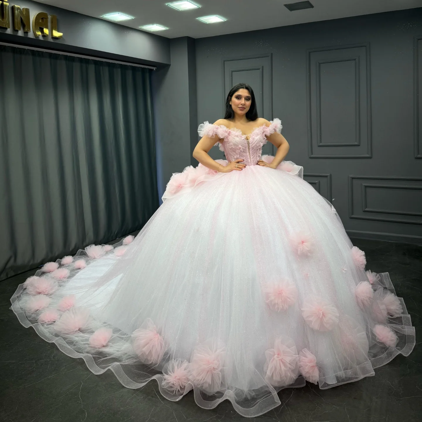 Baby Pink Tulle Quinceanera Dress Off-Shoulder Beaded Ball Gown with Glitter Pleats for Sweet 16 & Formal Events